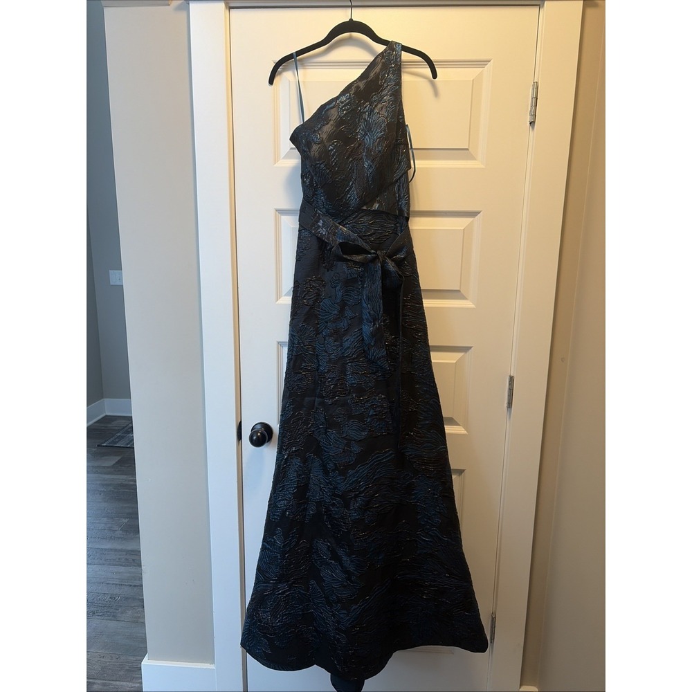 Rene Ruiz 6 Asymmetrical One Shoulder Brocade Gown Black‎ Teal Cocktail Formal